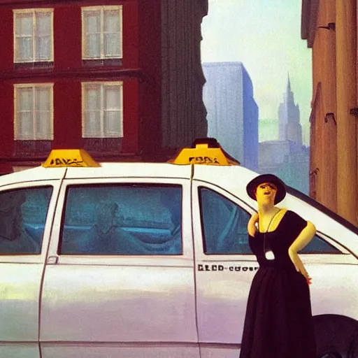 Prompt: a woman hails a taxi by Raphael, Hopper, and Rene Magritte. detailed, romantic, enchanting, trending on artstation.