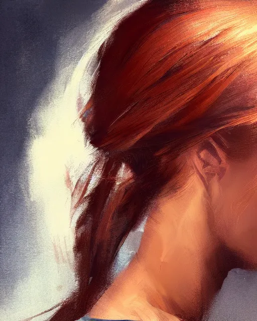 Prompt: detailed masterpiece head and shoulders painting of gorgeous athletic female wearing fbi gear auburn hair flowing, gym in background, inspired by greg rutkowski, sir james guthrie, 4 k, digital painting, trending on artstation, smooth, one single continuous line, unreal engine, epic lighting