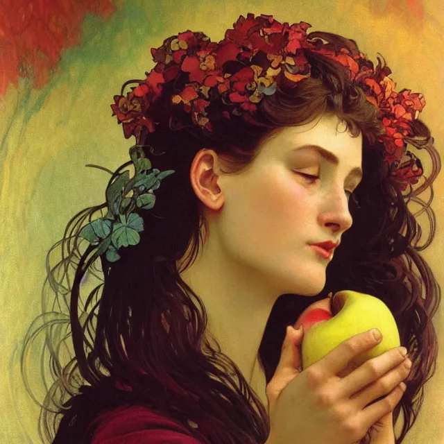 Image similar to an aesthetic! detailed close - up portrait of an aesthetic woman crying mournfully while holding an apple, by frank frazetta and alphonse mucha, oil on canvas, bright colors, art nouveau, epic composition, dungeons and dragons fantasy art, hd, god - rays, ray - tracing, crisp contour - lines, huhd - 8 k