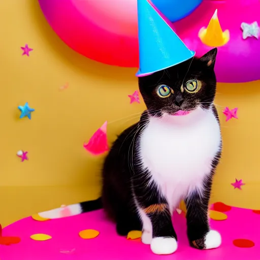 Image similar to a photo of a very cute cat wearing a birthday party hat, studio portrait, back background with fireworks. portrait.