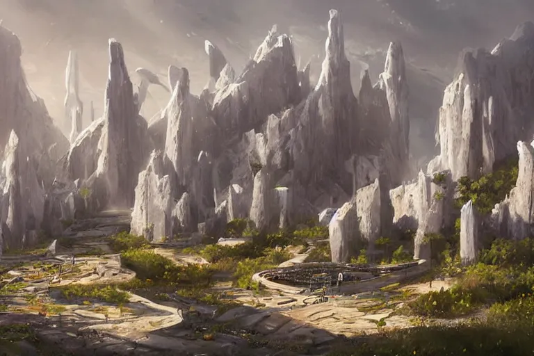 Prompt: Brutalist Shiro, gleaming white fortress, amazing cinematic concept painting, by Jessica Rossier, in the valley of garden of eden wildflowers and grasses, terraced orchards and ponds, lush fertile fecund, fruit trees, birds in flight, animals wildlife