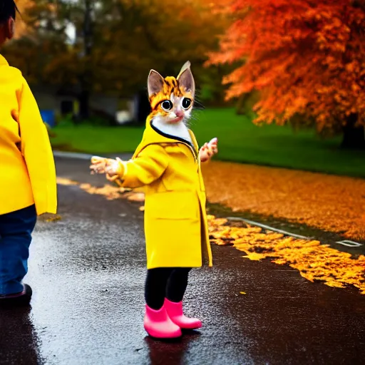 Image similar to anthropomorphic cute kitten wearing a yellow raincoat and yellow boots getting off the schoolbus on the first day of kindergarten, with colorful fall leaves and light rain, critical moment photograph