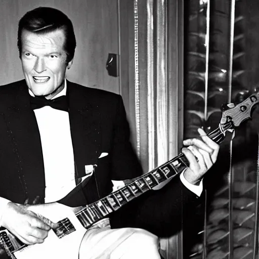 Prompt: roger moore in a nightclub in florida playing guitar