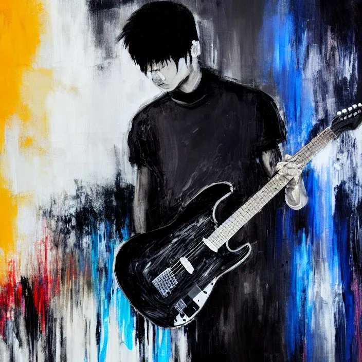 Image similar to large diagonal brush strokes, abstract dark painting of a young korean male musician wearing black tank top holding a telecaster!!! electric guitar!! in a dark room, thick flowing dramatic brush strokes, matte colors, abstract, impressionist, motion, trending on artstation