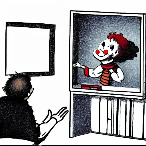 Prompt: police interrogation of a clown peeking out from a small magical trick box