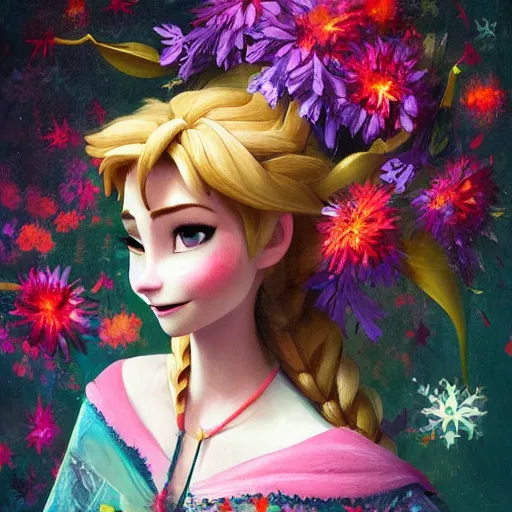 Prompt: painting of anna from frozen dressed with flowers, illustration, artistic, colorful, hyper detailed, in the style of Greg Rutkowski