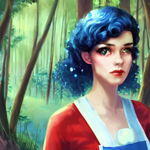 Image similar to a portrait of a 1 9 6 0 s woman with curly black hair and blue eyes, and an apron in the forest, dynamic lighting, fantasy concept art, trending on art station, stunning visuals, cinematic, ultra detailed