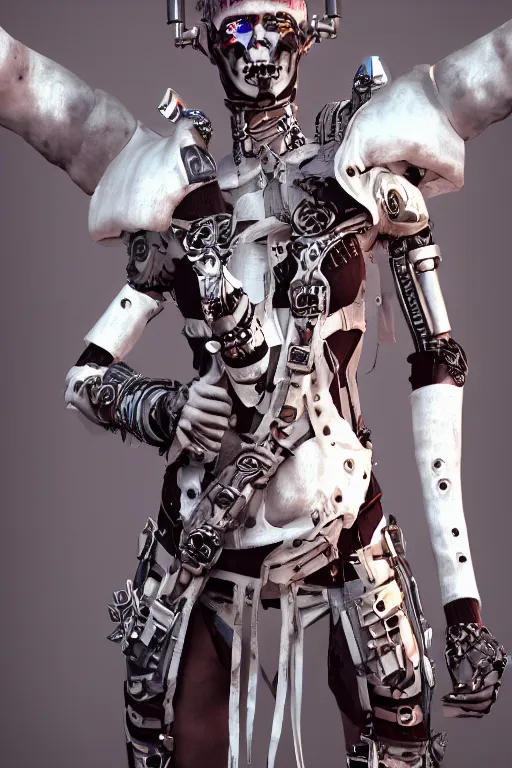 Image similar to white cyborg fashion shot, male maasai punk warriors, fractal decorations, savannah background, unreal engine, trending on artstation,