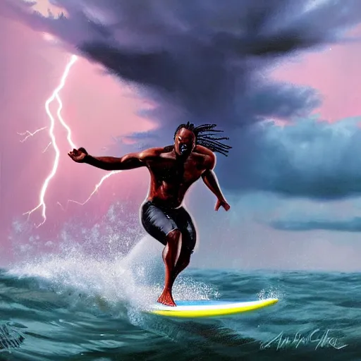 Prompt: a wide angle dynamic action photo of a black man with dreadlocks surfing during a lightning storm, ( large, violent, neon, waves ), by clark little and rhads, concept art by artgerm