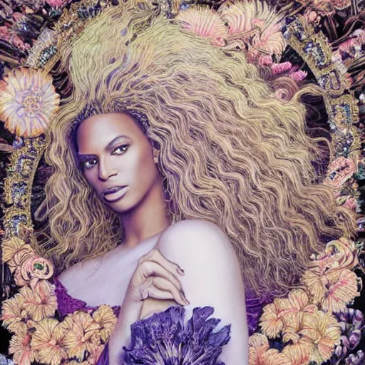 Image similar to portrait of Beyonce as a young pretty woman in flowing dress, arrogant, mysterious, long fine flowing hair, delicate, looking at camera, realistic face, intricate, stylish, elegant, grimdark, flowers, extremely detailed photograph by Martine Johanna and Ernst Haeckel and Greg Rutkowski