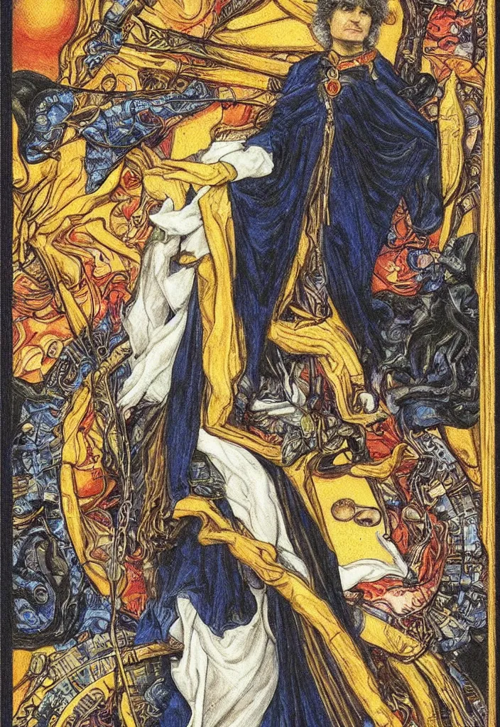 Image similar to Yoshua Bengio on the Tarot card. Illustration by preraphaelists