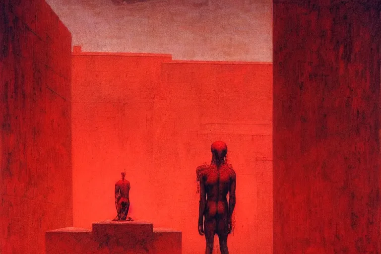 Image similar to only with red, caesar after war, the deal, a red tiger, in hoc signo vinces, rome in background, an ancient path, in the style of beksinski, part by hopper, part by rodcenko, part by hofbauer, intricate composition, red by caravaggio, insanely quality, highly detailed, masterpiece, red light, artstation