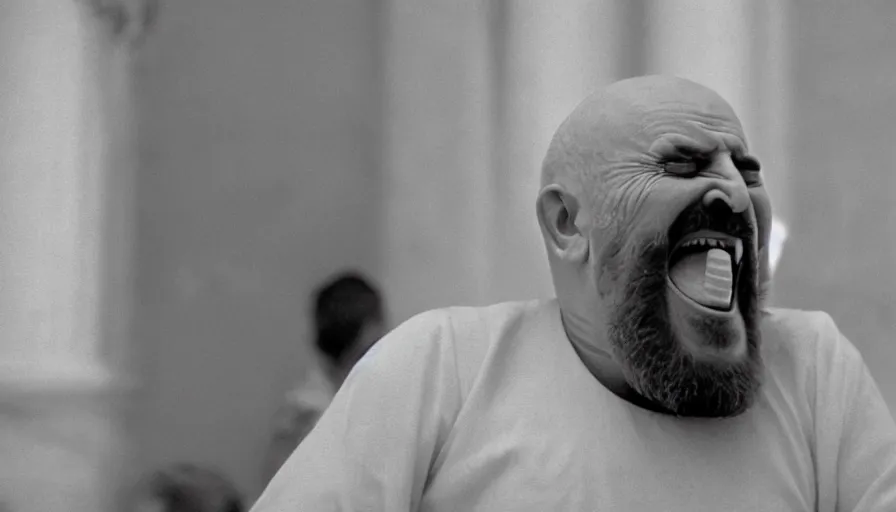 Prompt: 1 9 6 0 s movie still close - up of chrysippus of solis hysterically laughing on the floor bloody mouth in a neoclassical marble room, cinestill 8 0 0 t 3 5 mm, high quality, heavy grain, high detail, dramatic light, anamorphic, detailed beard, by josef sudek