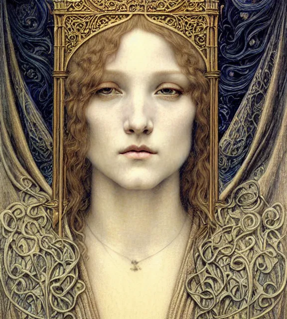 Image similar to detailed realistic beautiful young medieval queen face portrait by jean delville, gustave dore and marco mazzoni, art nouveau, symbolist, visionary, gothic, pre - raphaelite. horizontal symmetry