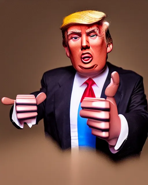 Image similar to Donald Trump as an animatronic Robot, Hyperreal, highly detailed hands and Face, Studio Lighting, in the Style of Disney Imagineering