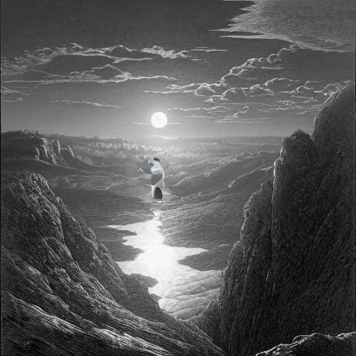 Image similar to A female wanderer looks from a mountaintop, mountains, gorgeous view, velly distant forest, distant city, distant glow, night, moon, dramatic light, Chiaroscuro, long shadows, dark, masterpiece, high detail, detailed, illustration by Paul Gustave Doré