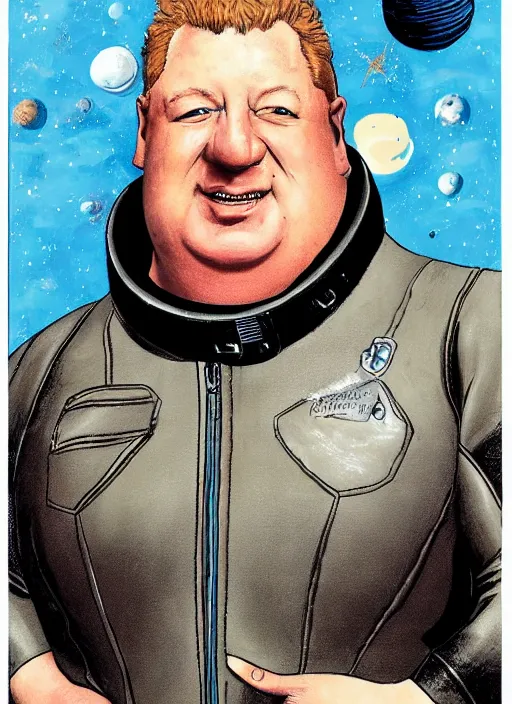 Prompt: upper body portrait of obese craig fairbrass as baron harkonnen wearing a leather spacesuit and floating in space, by normal rockwell