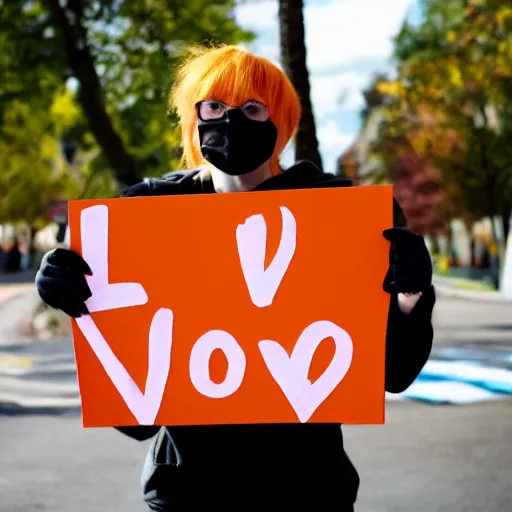 Image similar to orange tabby cat holds sign that says