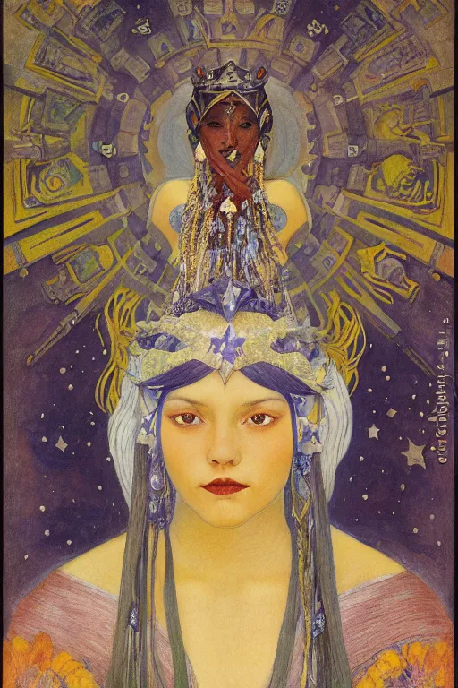 Prompt: queen of the moon with stars in her hair by Nicholas Roerich and Annie Swynnerton and Diego Rivera and jean delville and Carl Larsson, dramatic cinematic lighting , dark skin, silver jewelry, ornate headdress, flowing robes, sacred artifacts, lost civilizations, smooth, sharp focus, extremely detailed