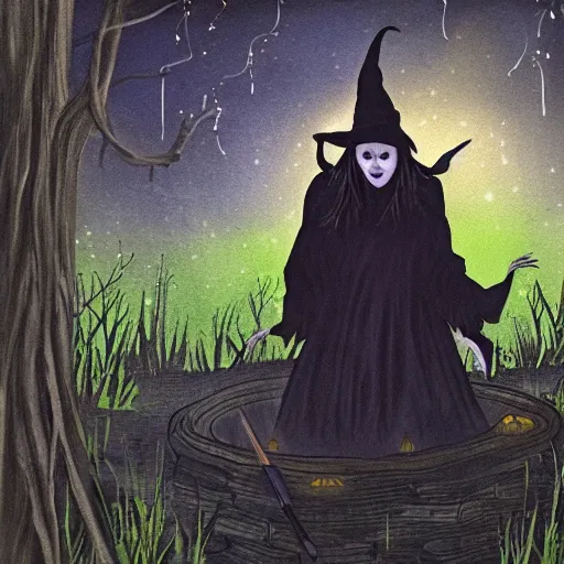 Prompt: Witch in swamp hexing near cauldron at night