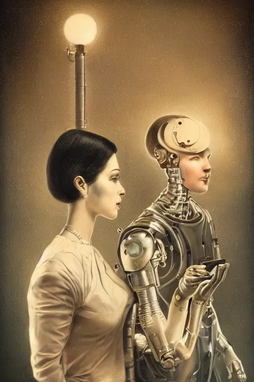 Image similar to a beautiful ultradetailed vintage photo of two cyborgs facing away from each other and looking at their cellphones, by tom bagshaw and anna dittman, couples portrait, vignette, 3 5 mm lens, golden ratio composition, detailed faces, studio photography, very detailed, humanoids, industrial robots, artstation, 8 k, highly coherent