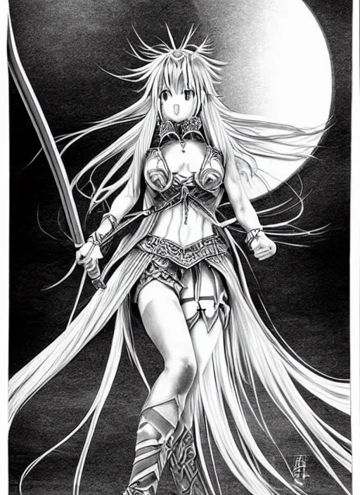 Image similar to hyper - realistic line art pencil drawing of a fantasy warrior anime woman withwith long hair twirling, very exaggerated fisheye perspective, art by shinichi sakamoto