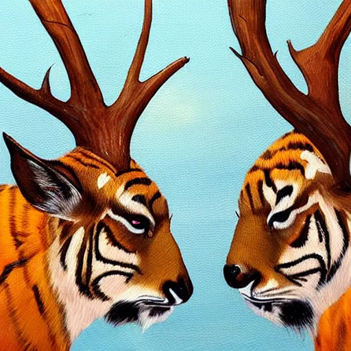 Image similar to a painting of deer in tiger skin and tiger in deer skin facing each other, their heads bowed towards ground by esao andrews