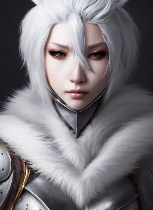 Image similar to fur - lined armor!!! beautiful and elegant white haired female!! gorgeous ayes!! character concept art, sharp focus, octane render! unreal engine 5! highly rendered!! trending on artstation!! detailed linework!! illustration by artgerm, wlop and chie yoshii