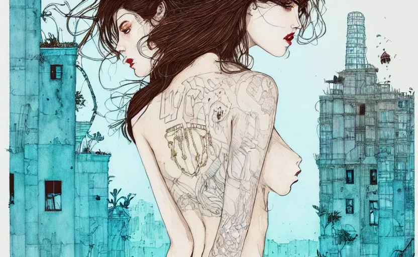 Prompt: lost city by kaethe butcher, dynamic lighting, gradient light blue, brown, blonde cream and white color scheme, grunge aesthetic