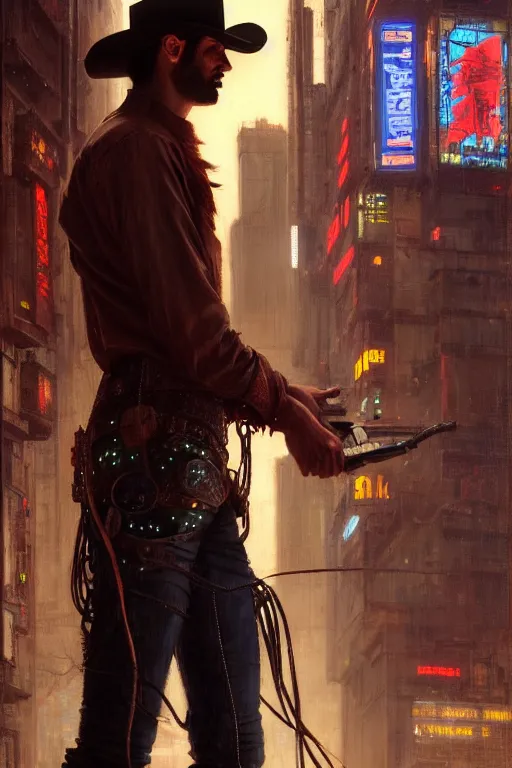 Prompt: a cowboy in a cyberpunk setting, western, cyberpunk, 8 k, by john william waterhouse and nasreddine dinet, oil on canvas, cinematic, hyper realism, high detail, dramatic lighting