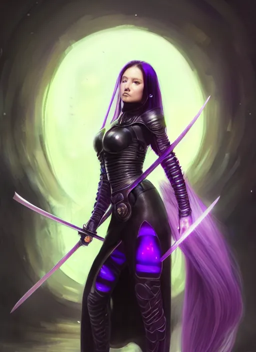 Prompt: portrait of a woman with long black hair in a ponytail, in sci - fi armor, platemail, close fitting, holding a katana made of purple energy, intricate, elegant, glowing lights, highly detailed, digital painting, artstation, concept art, smooth, sharp focus, illustration, art by wlop, mars ravelo and greg rutkowski