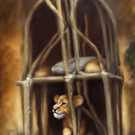 Prompt: adorable lion cub in a cage on a medieval fantasy market, oil painting, by greg rutkowski