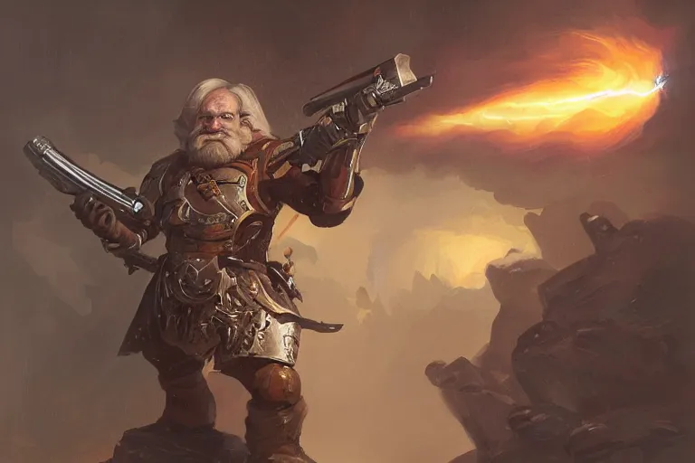 Prompt: this dwarven plasma gunner is holding a flintlock rifle charged by lightning by Greg Rutkowski, highly detailed, sharp focus