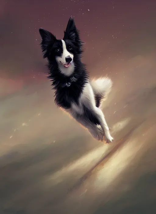 Image similar to wide angle beautiful full body portrait of a cute male anthropomorphic anthro border collie fursona wearing clothes and falling from the sky, character design by charlie bowater, henry asencio, and ross tran, disney, scenic background, detailed, aesthetic, trending on artstation, furaffinity, deviantart