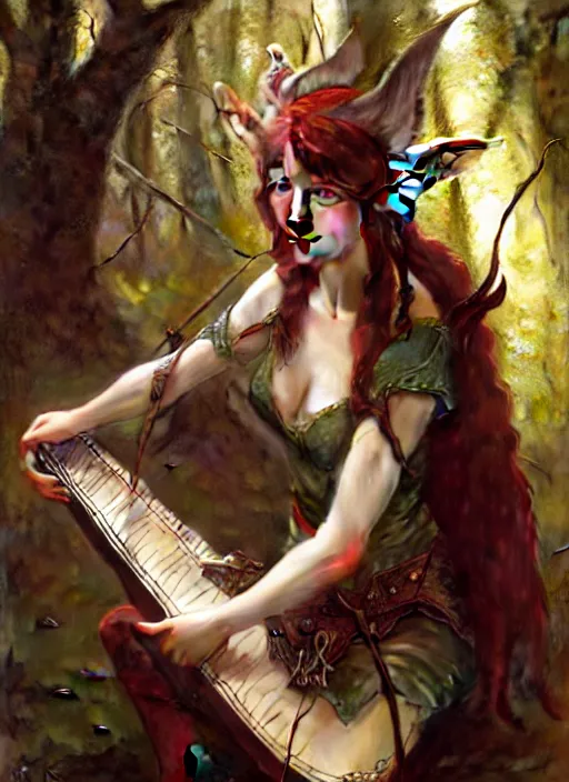 Image similar to forest elf bard playing lute, full body, hyper realistic, extremely detailed, dnd character art portrait, dark fantasy art, intricate fantasy painting, dramatic lighting, vivid colors, deviantart, artstation, by edgar maxence and krenz cushart and artem demura and john williams waterhouse