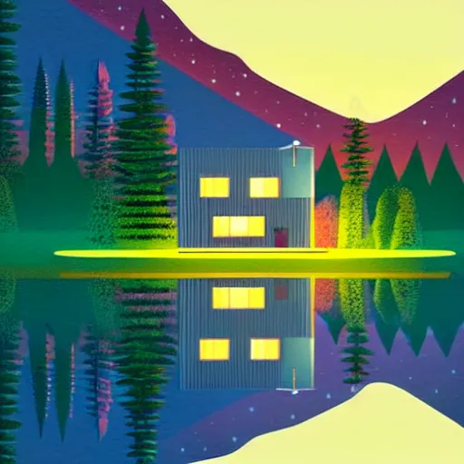 Image similar to small sci - fi cottage at the edge of a lake in the mountains, retro illustration on parchment, soft glowing windows, early evening, reflections, pine trees,