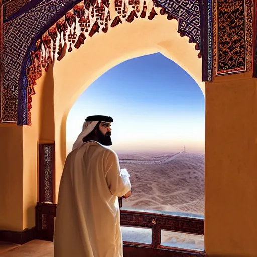 Image similar to a man in traditional Arabian costume overlooking his empire, cinematic, hyper realistic, soft lighting, intricate details, stunning