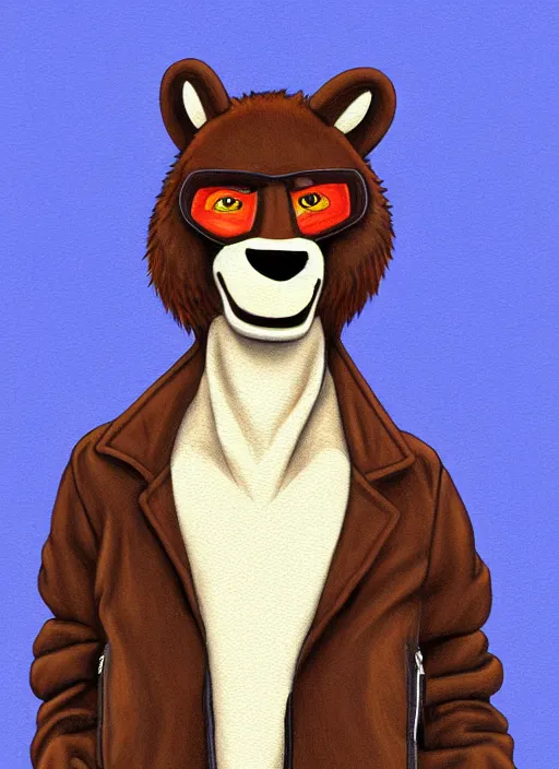 Image similar to expressive stylized master furry artist digital colored pencil painting full body portrait character study of the bear ( sergal ) small head fursona animal person wearing clothes leather bomber jacket pilot standing next to airplane by master furry artist blotch, sharp focus vintage disney animation style