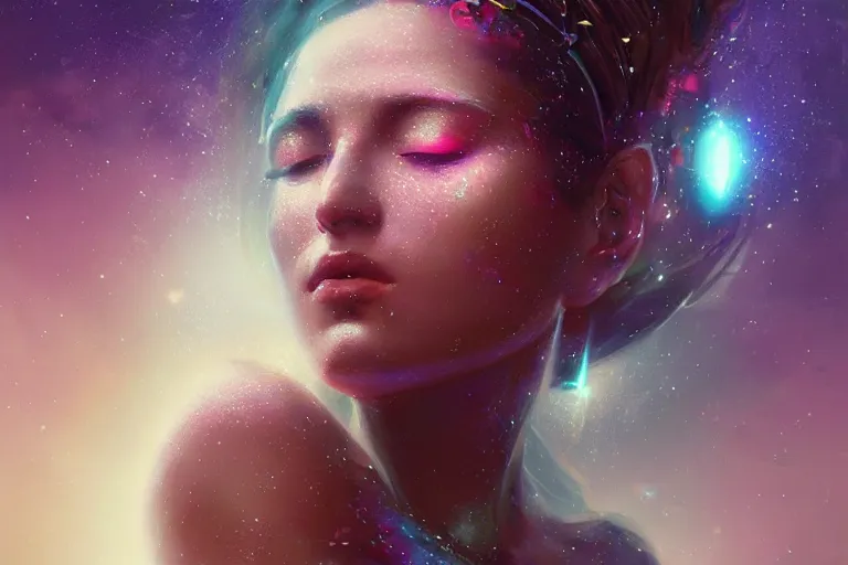 Image similar to a beautiful portrait of a female goddess with closed eyes, galaxy theme colors, galaxy theme colors, ultra realistic digital art by Greg Rutkowski and Raymond Swanland, Trending on Artstation, ultra realistic digital art, ultra realistic digital art