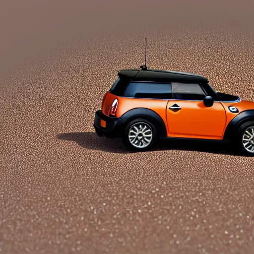 a photo of a miniature Mini Cooper car on a beach