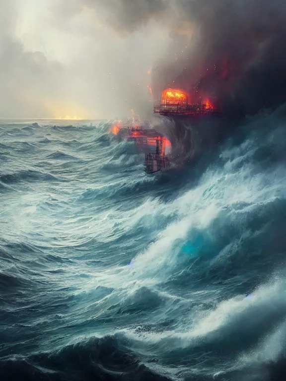 Image similar to photo of 8k ultra realistic burning oil rig at sea, heavy storm, rain, large waves, full of colour, cinematic lighting, battered, trending on artstation, 4k, hyperrealistic, focused, extreme details,unreal engine 5, cinematic, masterpiece, art by Peter Mohrbacher