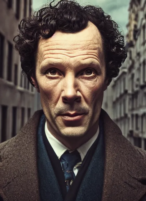 Image similar to closeup portrait of sherlock holmes, depth of field, zeiss lens, detailed, symmetrical, centered, fashion photoshoot, by Annie Leibovitz and Steve McCurry, David Lazar, Jimmy Nelsson, Breathtaking, 8k resolution, extremely detailed, beautiful, establishing shot, artistic, hyperrealistic, beautiful face, octane render