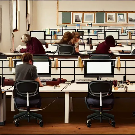 Prompt: room with a lot of people working on their computers and a cropped seat in the middle of the frame, directed by wes anderson, highly detailed, photorealistic, hd, 8k.