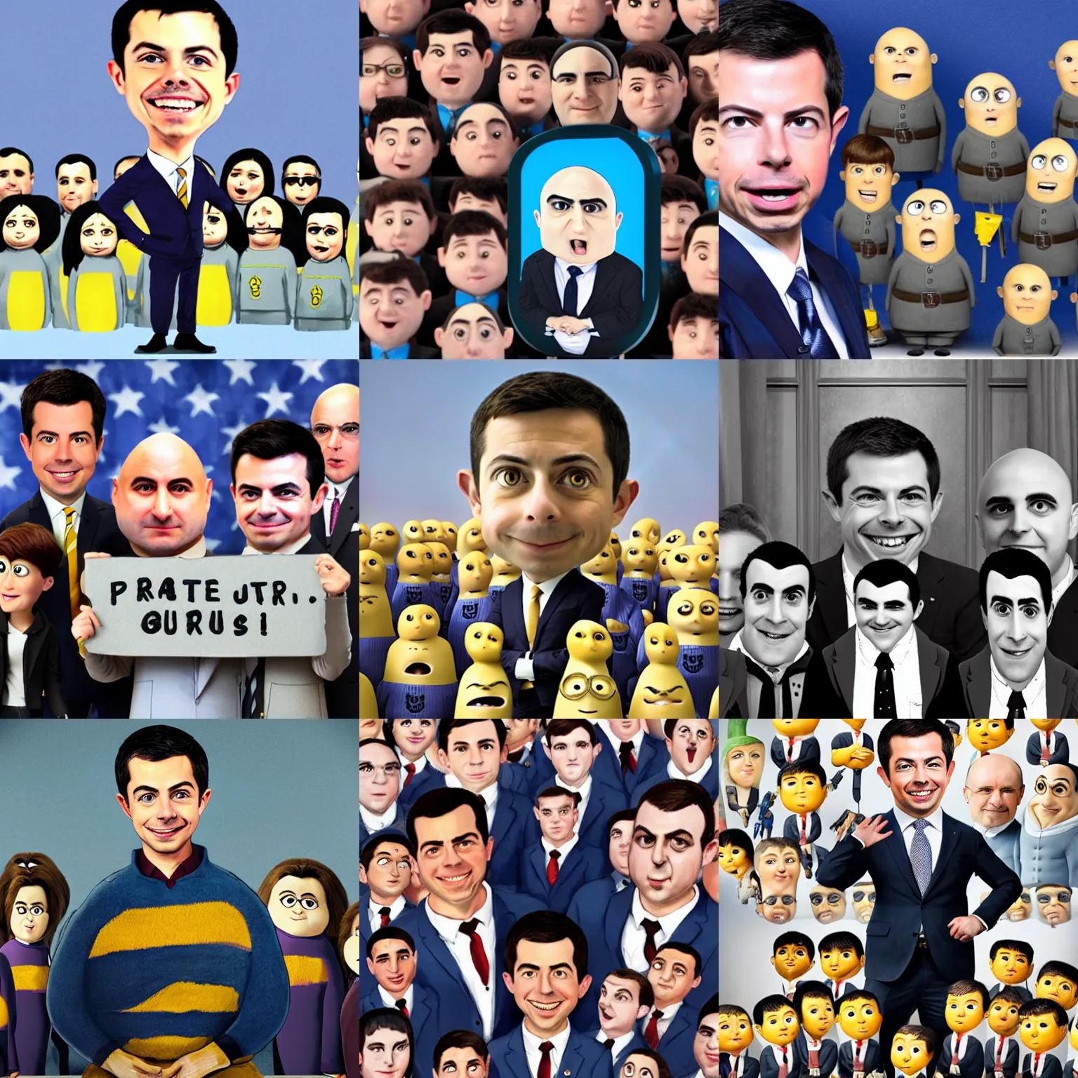 Prompt: portrait of pete buttigieg as gru, surrounded my minions