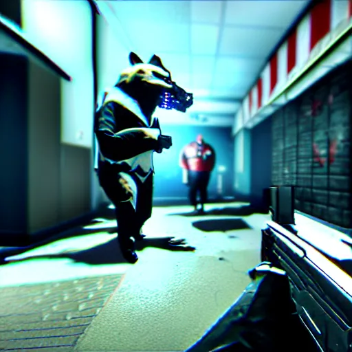 Image similar to screenshot from the pc game payday 2 ( max graphics settings ) demonstrating the fursuit unlock