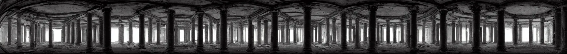 Image similar to photo of an immersive forgotten panopticon well, with columns and destroyed cybernetics from an ancient civilization, photorealistic, higly detailed dark, 3 6 0 picture, panorama, 3 5 mm slide, trending on flickr, in the style of, by francesca woodman, zachary corzine, zhelong xu, greg rutkowski and anders zorn