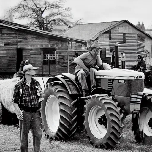 Image similar to a tractor surrounded by angry hillbillies, photograph, intense scene, dramatic