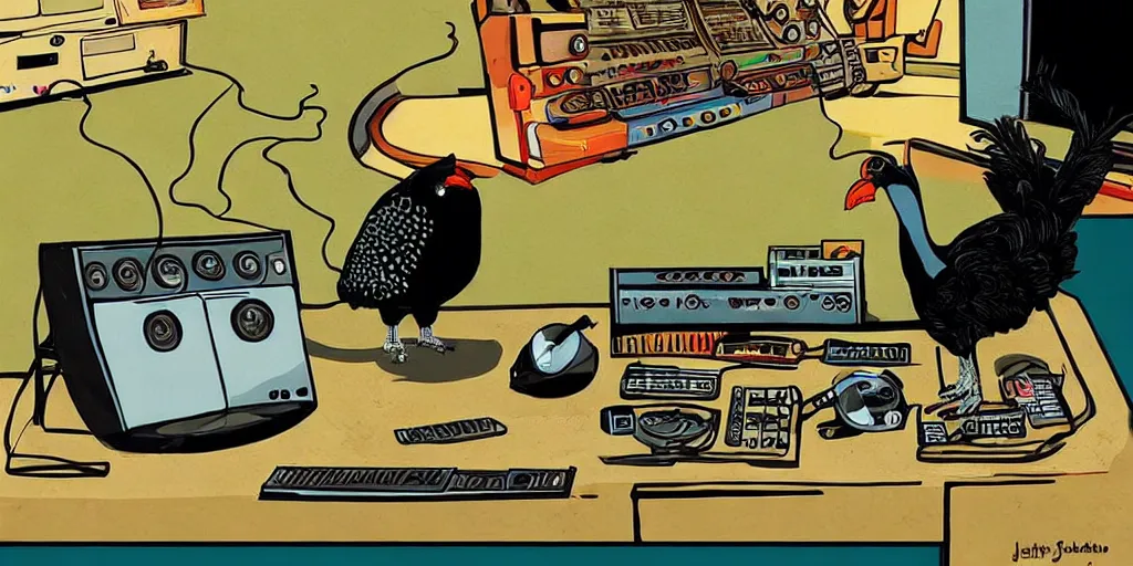 Image similar to 'black chicken'!!! smoking 'cannabis'!!!!!! in front of 'audio console'!!!! and 'multi monitors'!!!! 'in a hi-tech tv broadcasting studio'!!!!, artwork by James Gilleard