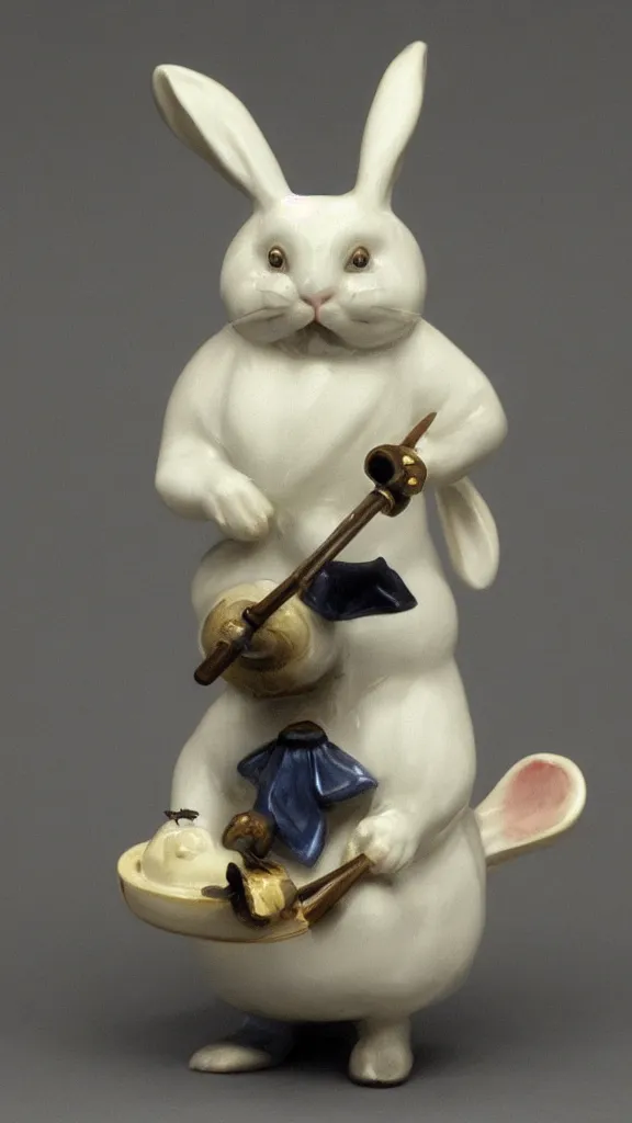 Prompt: a porcelain old rabbit with beard having a japanese kiseru pipe painted by john singer sargent