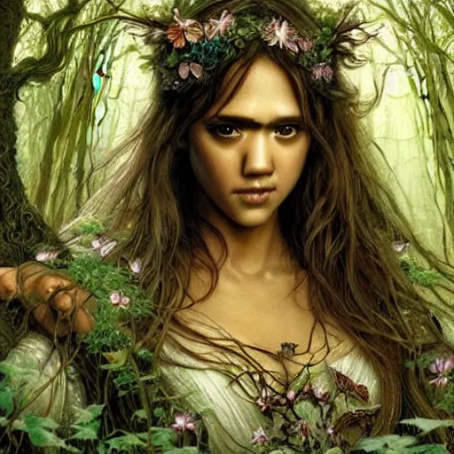 Image similar to head and shoulders portrait of a flowering fey fairy warlock portrayed by young jessica alba, in a magical forest, d & d, fantasy, luis royo, magali villeneuve, donato giancola, wlop, krenz cushart, hans zatka, klimt, alphonse mucha